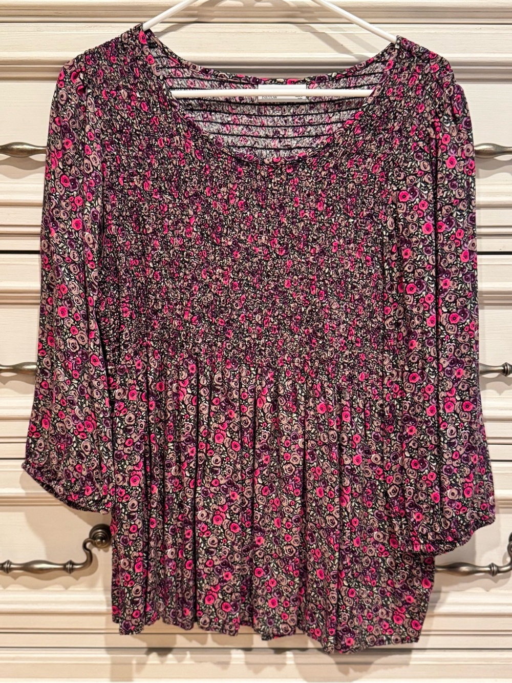 croft & barrow Pink and Black Floral Smocked Top, three quarter sleeves